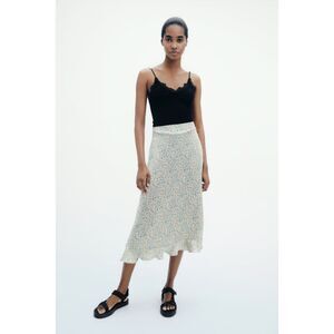 Zara Multicolored Floral Print Satin Midi Skirt EUC